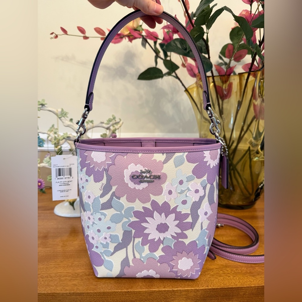 Coach CBG77 City Bucket Bag In Coated Canvas & Leather Floral Print Purple Multi